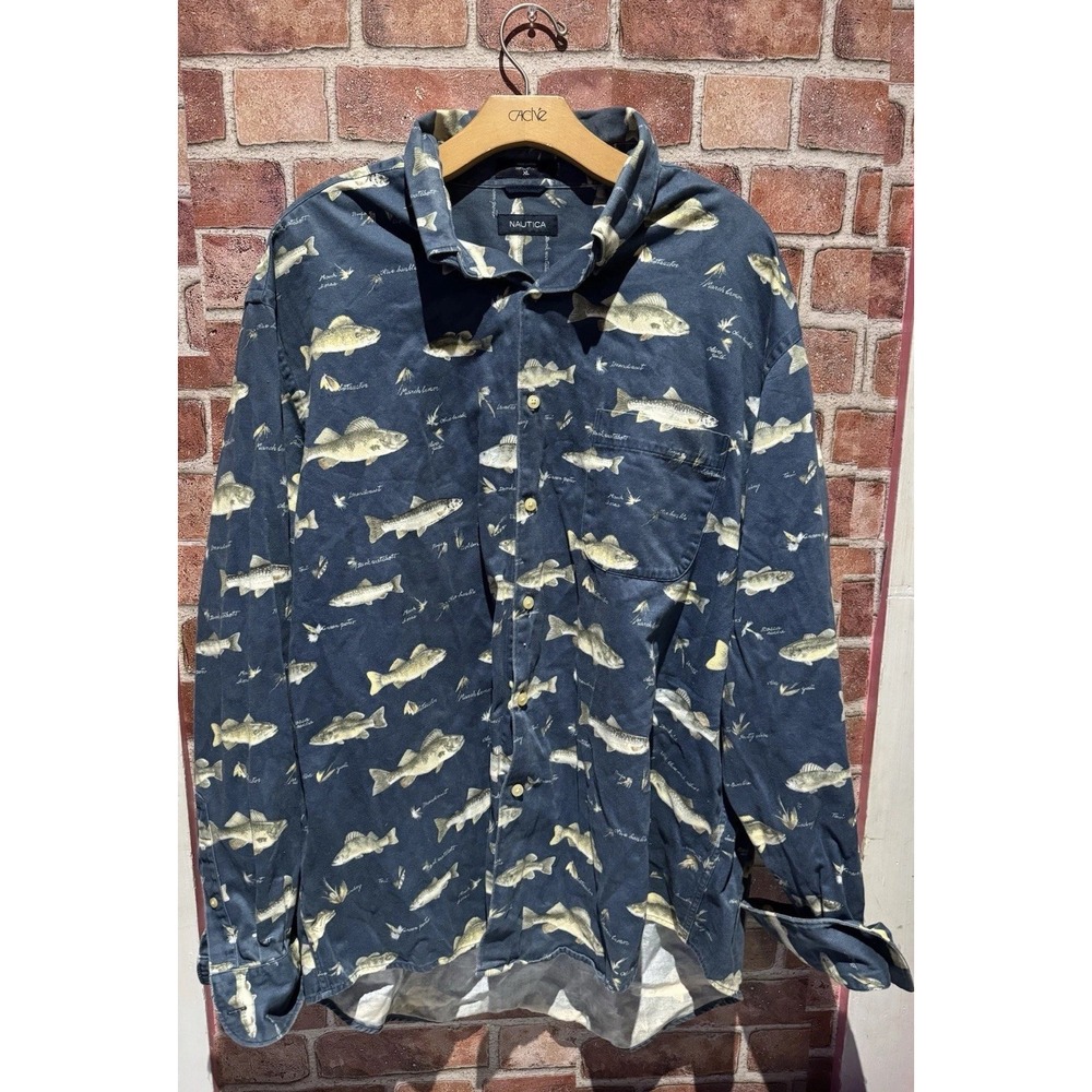 Nautica Fishermen Themed Men's, Sz XL, Long Sleeve Shirt, Button Down Collared